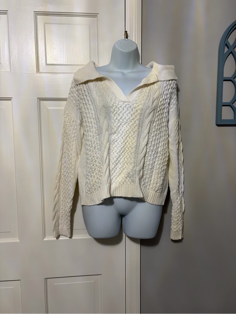 Cato Cream Cable-Knit V-Neck Sweater with Collar
